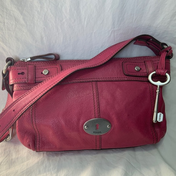 Pink Leather Fossil Shoulder Bag Mini Baguette - Picture 1 of 9
